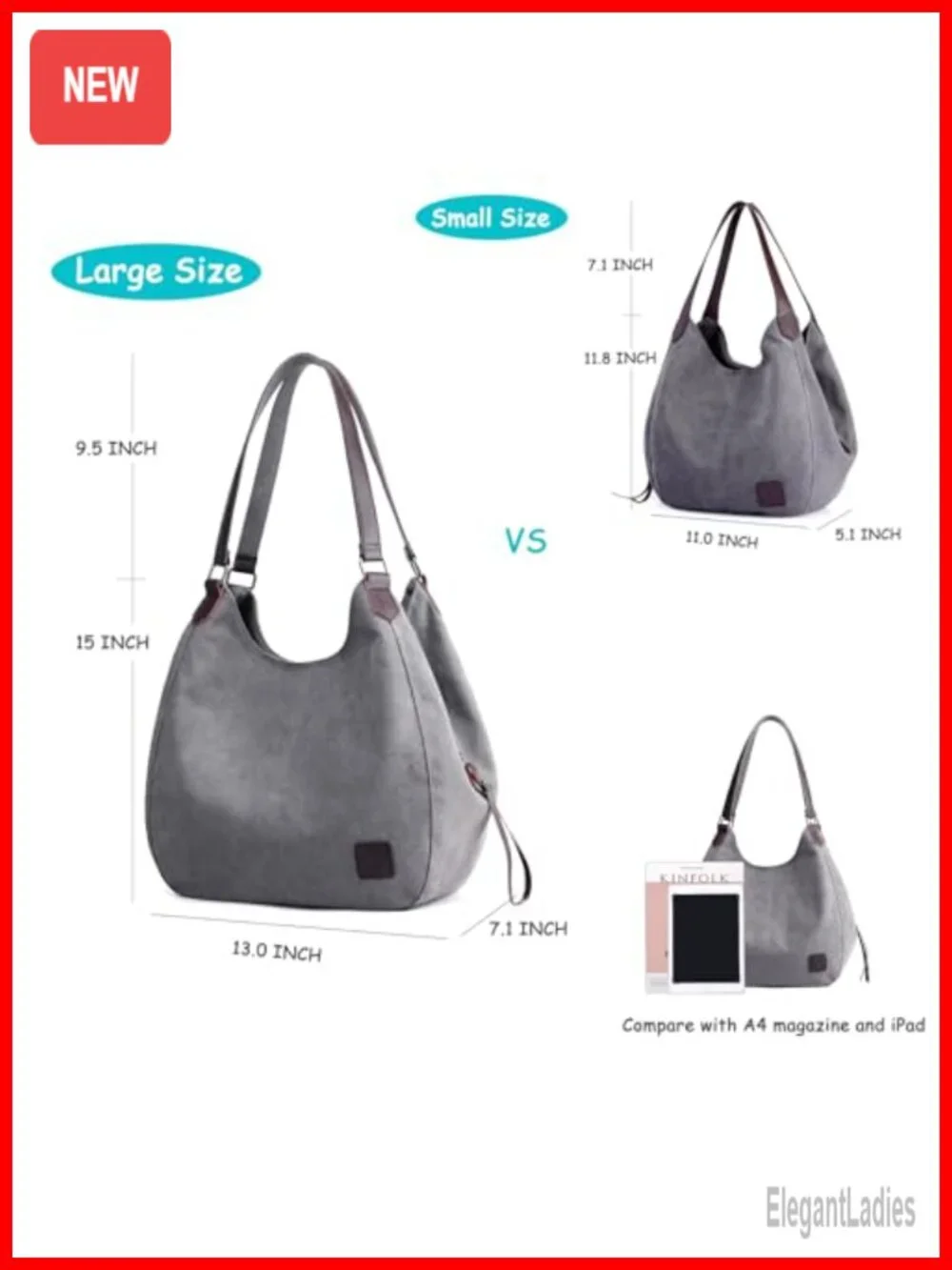 Multi-Pocket Cotton Canvas Hobo Tote Bag Shoulder Handbag